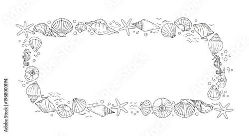 Hand drawn seashell frame border, nautical line art illustration of sea shells and starfish, black and white marine life vector for summer invitations