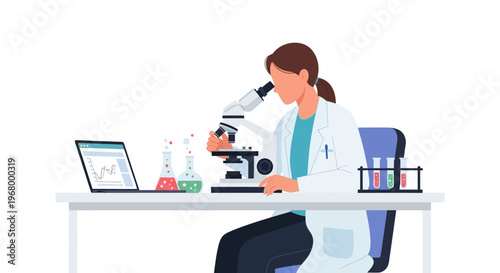 Scientist focused on research using microscope in a bright, modern laboratory setting.