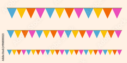 Garland colorful bunting flags on string for birthday party decoration, holiday anniversary fabric cute design, modern festive hanging decor. Isolated. Vector illustration
