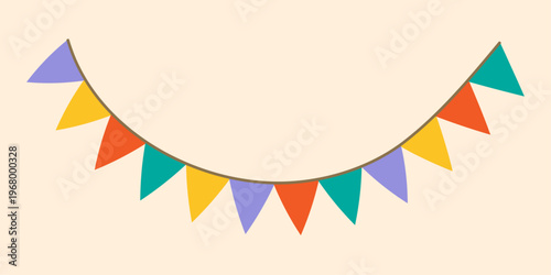 Garland colorful bunting flags on string for birthday party decoration, holiday anniversary fabric cute design, modern festive hanging decor. Isolated. Vector illustration