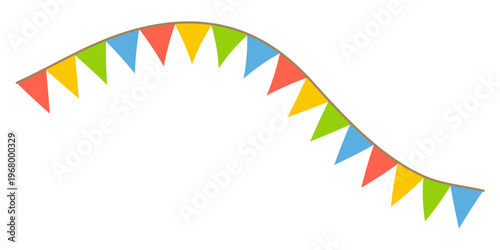 Garland colorful bunting flags on string for birthday party decoration, holiday anniversary fabric cute design, modern festive hanging decor. Isolated. Vector illustration