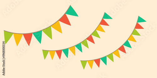 Garland colorful bunting flags on string for birthday party decoration, holiday anniversary fabric cute design, modern festive hanging decor. Isolated. Vector illustration