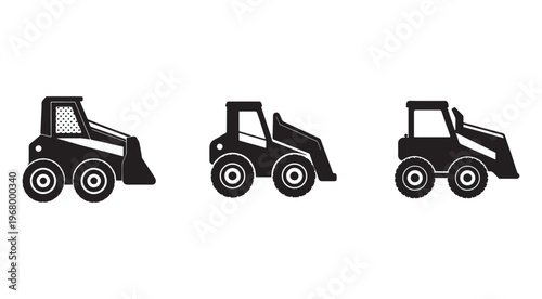 Black and white illustrations of different types of construction equipment with wheels  heavy machinery icons