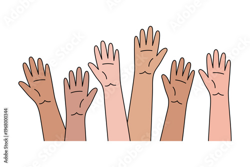 Raised up hands, hand-drawn palms group of different nationalities races people. Vote democracy participation, express opinion, support choice engagement. Volunteer aid movement community. Isolated. 
