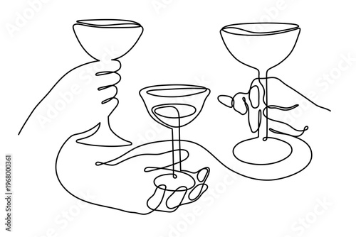 Hands hold wine clinking glasses celebrating holiday 2027 new year, one line art, continuous drawing contour. Cheers romantic Valentine's Day toast, festive hand-drawn drink. Editable stroke. Isolated