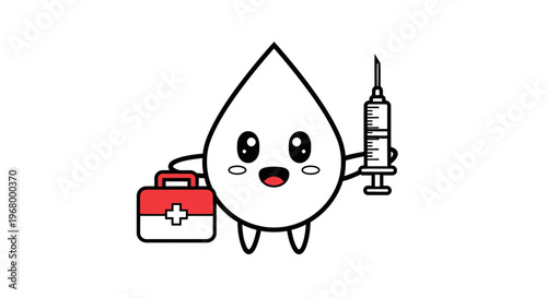 Cute cartoon blood drop character holding a first aid kit and syringe for medical care