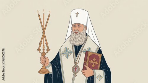 Orthodox priest holding a candleholder and holy scripture in traditional clergy attire with white head covering and cross