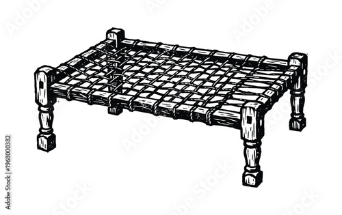 Charpoy traditional woven cot bed hand drawn sketch vector illustration