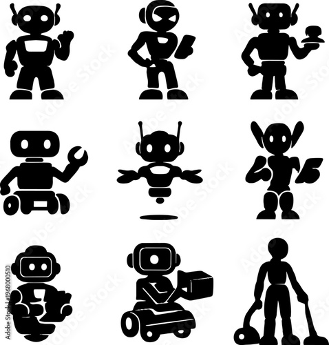 black silhouette robot icons set on white background