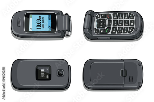 Clamshell cell phone top and bottom views with screens showing time and signal technology object
