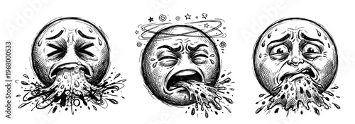 Vintage Woodcut Style Vector Collection of Vomiting Faces