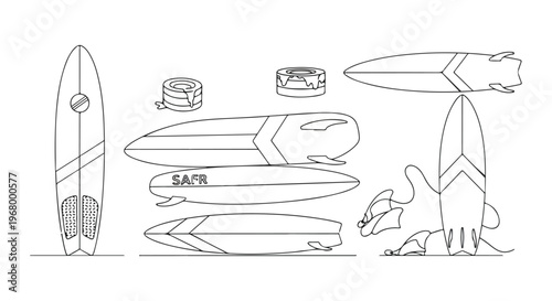 Minimalist surfboard line art collection, black and white surfing equipment vector set, modern surf board sketches for summer sports branding