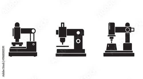 Black and white illustrations of various types of industrial milling machines used for metalworking and manufacturing processes  industrial equipment