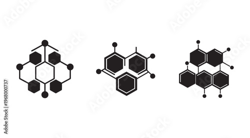 Black and white molecular structure icons with hexagons and bonds  chemical formulas and structures
