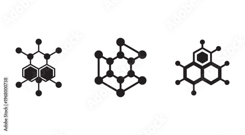 Black and white molecular structure illustrations of chemical compounds with hexagonal rings and bonds  molecular models  chemistry graphics