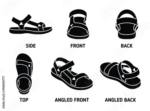 Collection of black and white sandal outlines from multiple perspectives for design and fashion