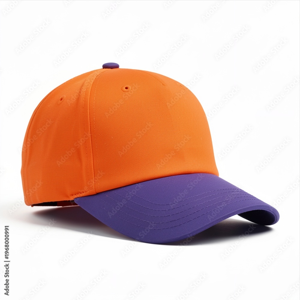 Fototapeta premium Bright Orange and Purple Baseball Cap with Contrasting Colors Isolated on White