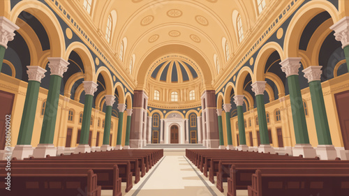 Interior of a grand cathedral with rows of pews and ornate arches
