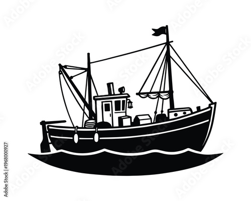 Commercial fishing boat, ocean vessel, marine transportation, sea industry, traditional ship