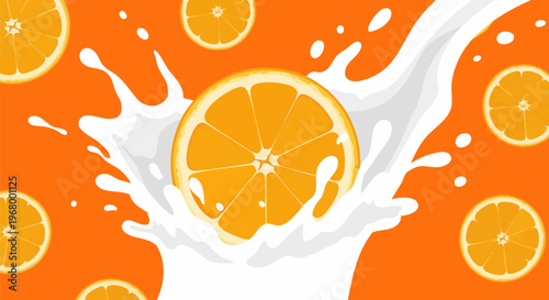 Fresh orange fruit with milk splash vector, citrus slices falling into white liquid yogurt, healthy breakfast drink banner on orange background