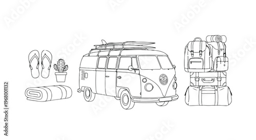 Tropical beach vibes vector illustration, summer vacation elements with palm trees and ocean, seaside holiday icons set on wood background