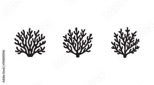 Black coral reef icons on white background  marine life symbols  ocean conservation  underwater  coral silhouettes  reef illustrations