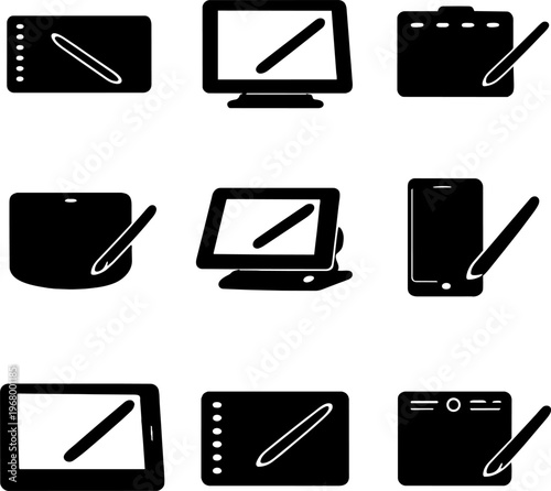 black and white vector icons of various devices with stylus