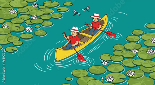 Isometric canoe vector illustration, two people paddling yellow boat on river with lily pads, outdoor summer recreation and water sports scene