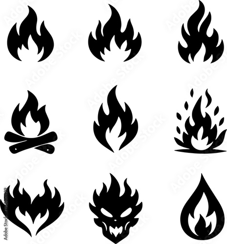 black flame icons set with various fire designs