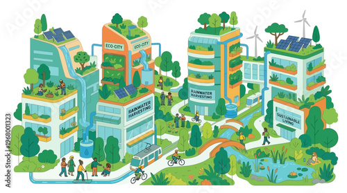 Future Sustainable Eco-City Illustration with Solar Panels, Green Roofs, and Rainwater Harvesting for Green Urban Living