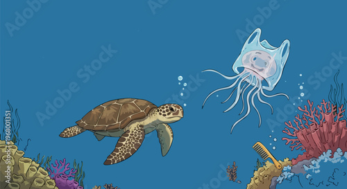 Ocean plastic pollution vector illustration, sea turtle swimming toward plastic bag jellyfish, environmental conservation and marine waste concept