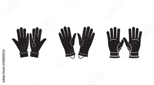 Black gloves with strings on white background  various hand positions  protective gear