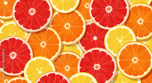 Vibrant citrus fruit slices background, colorful orange lemon and grapefruit vector pattern, fresh organic summer food illustration for packaging