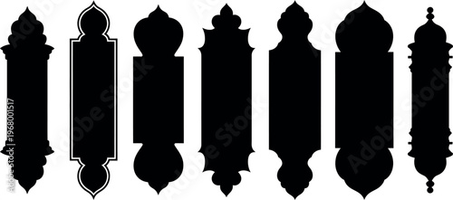Islamic design set featuring arabian windows, arches, doors, mosque domes, and lanterns for Ramadan Kareem and Eid Mubarak