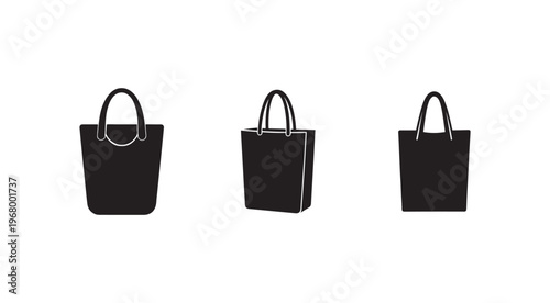 Black shopping bags with handles in different angles and positions for shopping and carrying items  isolated on white background