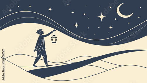 Lone Traveler Desert Night Flat Vector