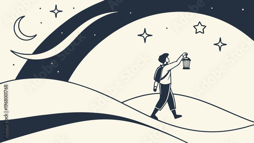 Lone Traveler Desert Night Flat Vector