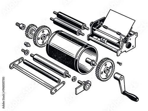 Detailed technical drawing of assembled parts of a manual duplicator machine, gears, rollers, and paper