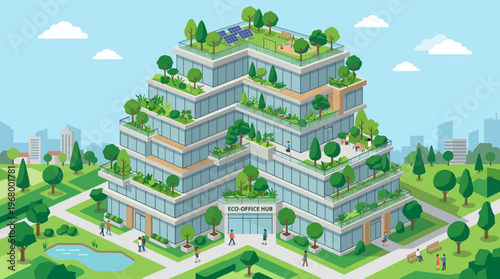 Sustainable Eco-Friendly Office Hub Isometric Vector Illustration - Modern Green Architecture with Solar Panels, Rooftop Gardens, and Sustainable Urban Development