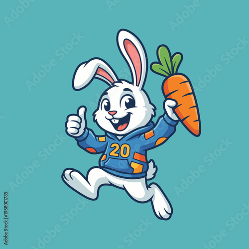A playful and vibrant cartoon character of a bunny wearing a sporty jersey, joyfully holding a carrot, perfect for children's branding and merchandise designs.