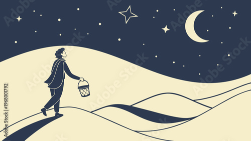 Lone Traveler Desert Night Flat Vector