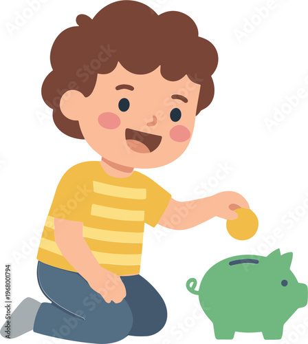 A young boy is putting a coin into a piggy bank indoors with excitement.