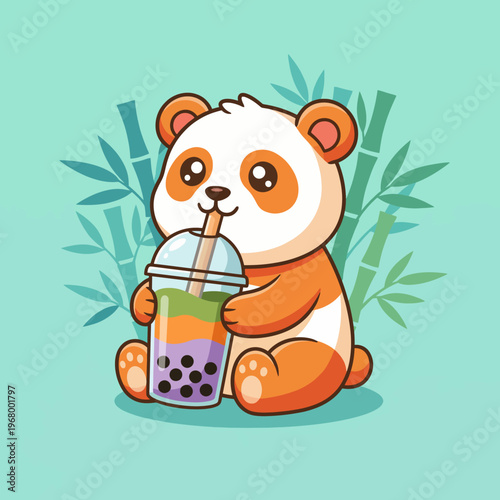 This sweet illustration showcases a panda happily drinking bubble tea, combining cuteness with contemporary beverage culture, appealing to a wide audience of animal and drink lovers.