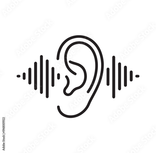 Human Ear with Sound Waves Black Outline Vector Icon Minimal Line Art Isolated on White Background