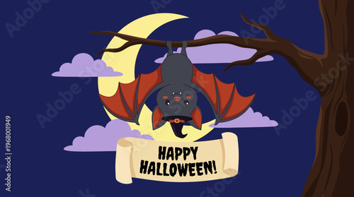 A cute and playful Halloween bat hangs upside down from a tree branch against a nighttime backdrop, embodying the fun and spooky spirit of the holiday season.