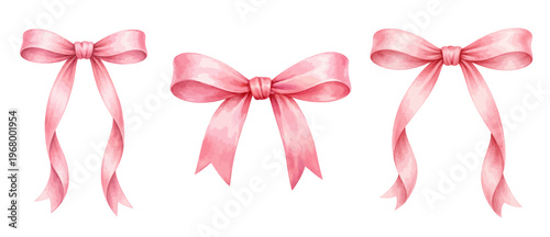 Cuadro en lienzo Watercolor pink ribbon bow collection illustration, elegant decorative bows isolated on white background