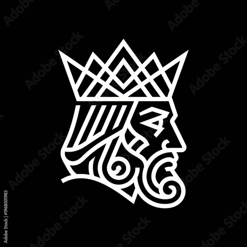 This artistic black and white illustration portrays a stylized king wearing a detailed crown, representing power, nobility, and authority in an elegant and minimalist design.