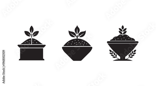 Black silhouette illustrations of plants growing in different types of pots and planters made of clay and stone  isolated on white background