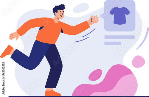 Man runs excitedly towards virtual shopping technology interface with t-shirt.