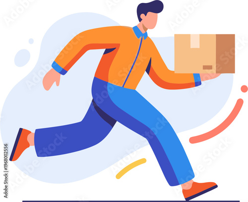 Man runs quickly while carrying large brown package in office setting